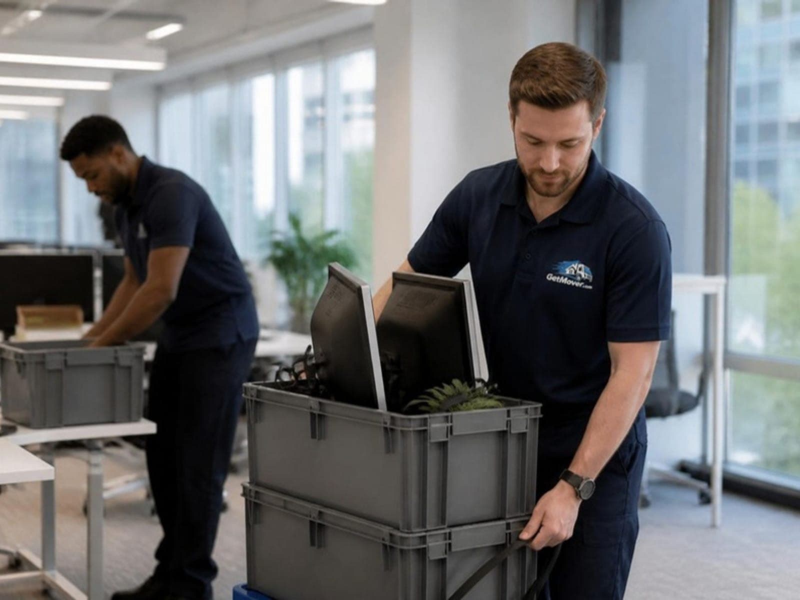 GetMover crew loading labeled crates and monitors in an office