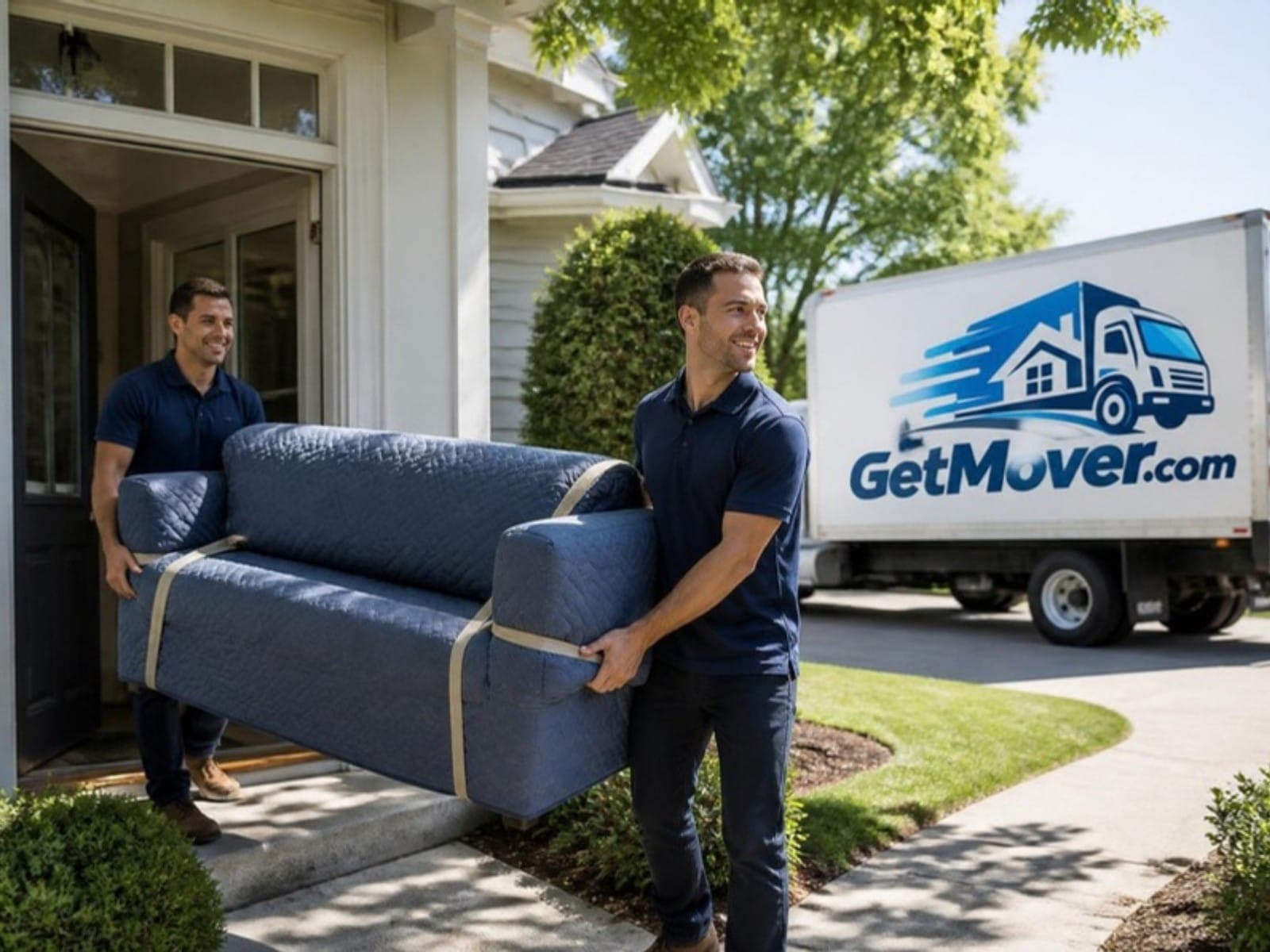 Two GetMover movers carrying a wrapped sofa out of a suburban home