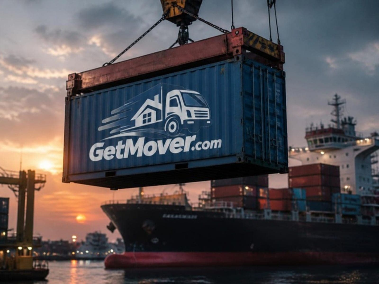 A GetMover-branded shipping container being lifted at a seaport