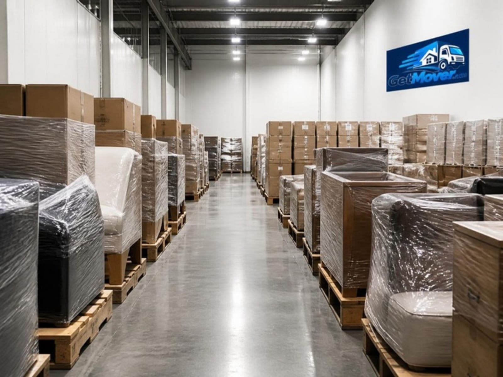 Shrink-wrapped furniture on pallets inside a clean climate-controlled GetMover warehouse